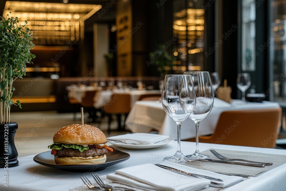 Fototapeta premium Elegant dining setup with gourmet burger and glasses in a modern restaurant ambiance