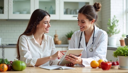 doctor and patient, two women, a nutritionist advises a client on healthy eating, a nutritionist advises a young woman in a bright office, consultation, diet, healthy lifestyle