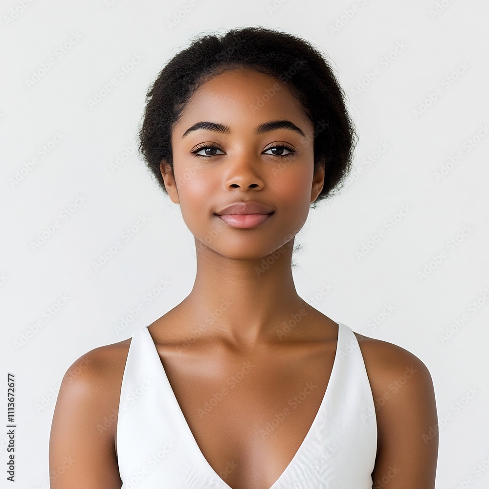 Confident and Joyful Woman in Sleeveless Top with Minimalist White Background Confident and Joyful Woman in Sleeveless Top with Minimalist White Background