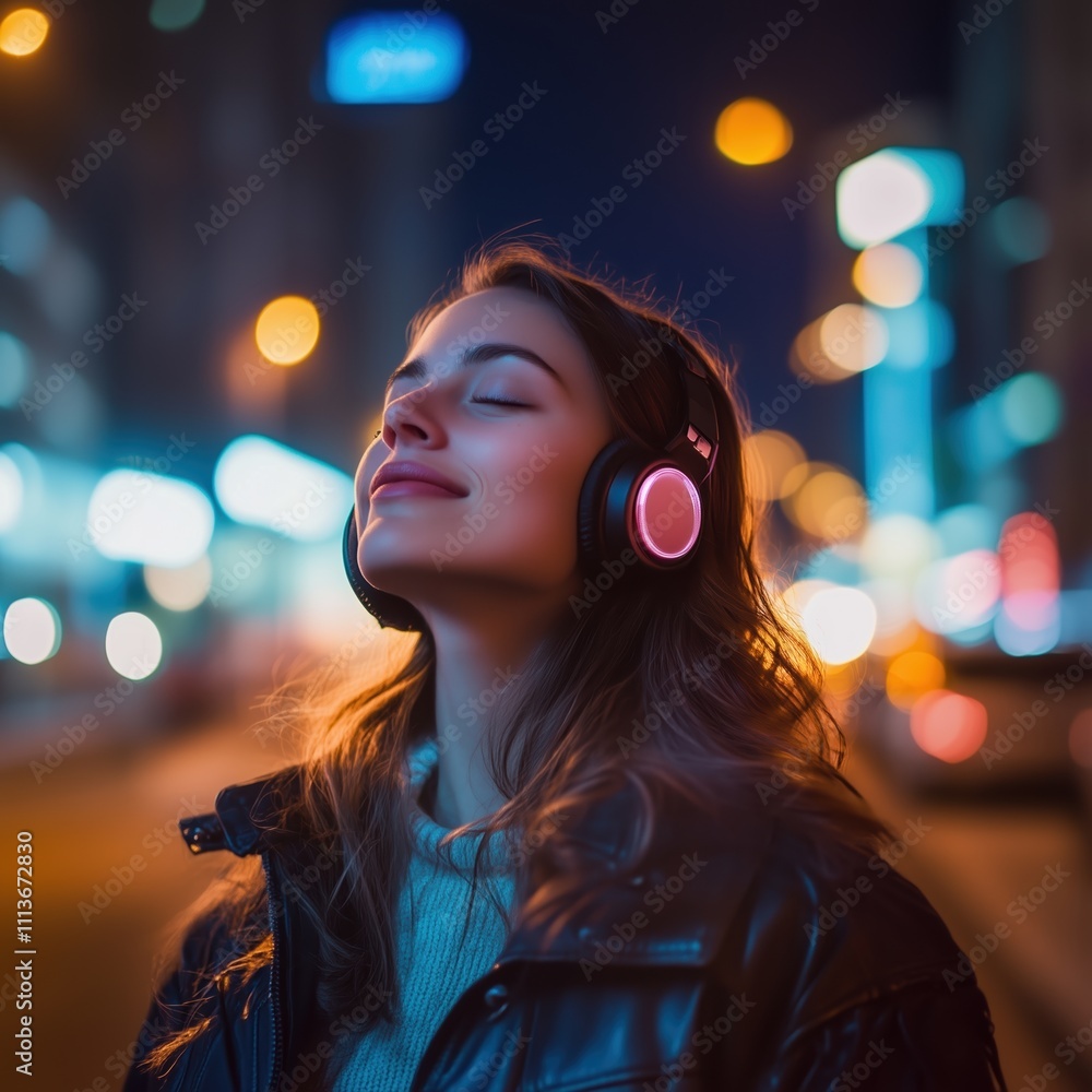 Young woman enjoying music with headphones in night city with closed eyes Young woman enjoying music with headphones in night city with closed eyes