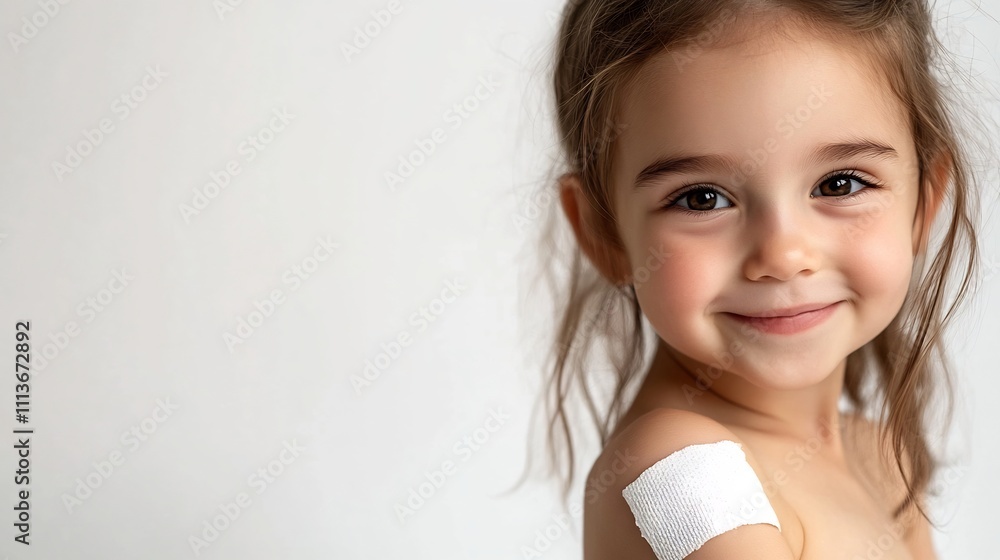 Young child smiling with bandage after vaccination on clean white backdrop Young child smiling with bandage after vaccination on clean white backdrop