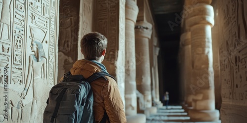 Wallpaper Mural A young traveler stands in awe, gazing at ancient Egyptian hieroglyphics and towering pillars. The warm colors and detailed textures create a magical atmosphere. Torontodigital.ca