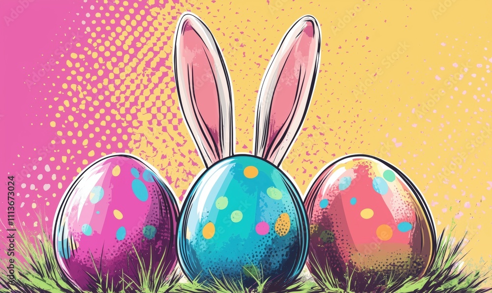 Colorful Easter eggs with bunny ears, vibrant background, festive design, playful atmosphere Colorful Easter eggs with bunny ears, vibrant background, festive design, playful atmosphere