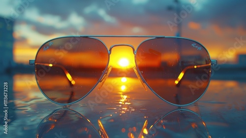 Sunglasses reflecting a vibrant sunset, showcasing a serene evening atmosphere.