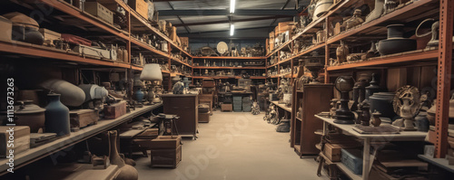 vintage warehouse filled with various film props and antique objects, showcasing rows of unique items like lamps, furniture, and collectibles. atmosphere is nostalgic and rich in history photo