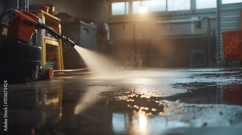 The concrete floor in a garage is cleaned using a high pressure washer photo