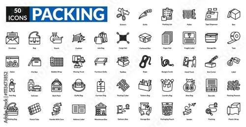 Packing line icon collection set. includes box, tape, label, bag, suitcase, bubble wrap, carton, wrap, delivery, seal, package, parcel, luggage, crate, storage