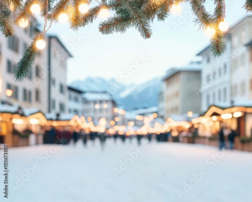 Magical Winter Travel Bustling Christmas Market in Snowy Town Square, Perfect for Cultural Exploration photo