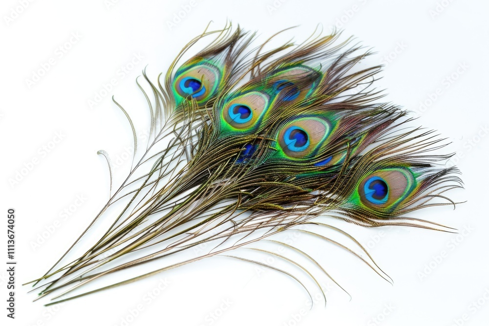 Fototapeta premium Exotic peacock feathers on white background with copy space.