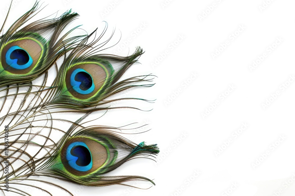 Obraz premium Exotic peacock feathers on white background with copy space.