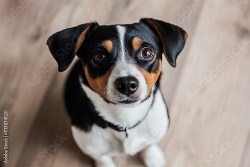 Dog with black and brown fur sitting on wooden floor looking curiously at the camera indoors