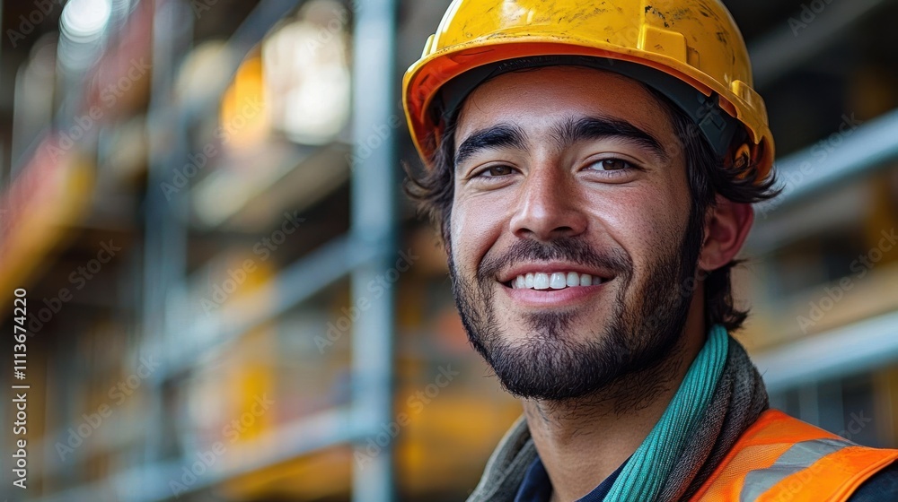 Young Construction Worker Smiling at Job Site with Yellow Hard Hat Young Construction Worker Smiling at Job Site with Yellow Hard Hat
