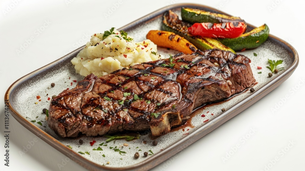 A delicious steak served with mashed potatoes and grilled vegetables on a plate. A delicious steak served with mashed potatoes and grilled vegetables on a plate.