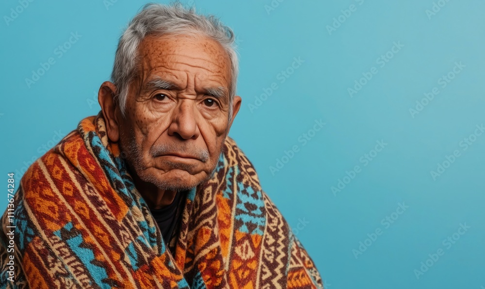 Elderly man wrapped in colorful blanket, serious expression, blue background, showcasing wisdom and experience Elderly man wrapped in colorful blanket, serious expression, blue background, showcasing wisdom and experience