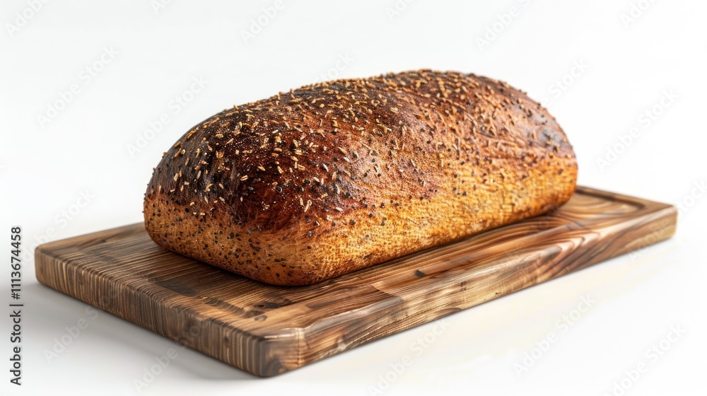 A freshly baked loaf of bread topped with seeds on a wooden cutting board. A freshly baked loaf of bread topped with seeds on a wooden cutting board.