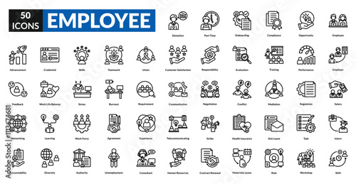 Employee line icon collection set. Includes team, staff, worker, personnel, colleague, manager, intern, supervisor, leader, recruiter, professional, assistant, administrator, associate, consultant