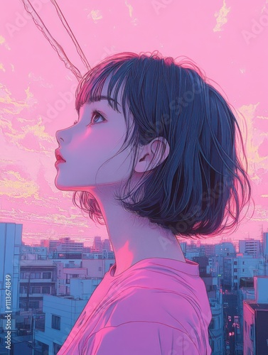 Young Woman Looking Up at the Sky in a City Illustration photo