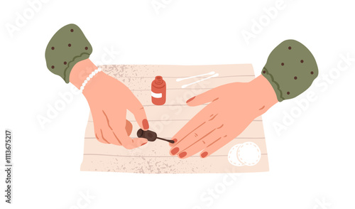 Woman applying nail polish, varnish with brush. Self-care beauty routine, neat red manicure. Female girls hands during fingernail treatment. Flat vector illustration isolated on white background