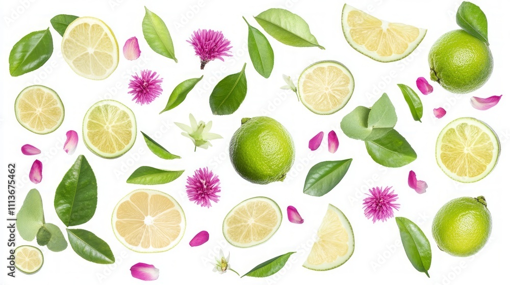 Limes, lemons, leaves, and flowers arranged on white background. Limes, lemons, leaves, and flowers arranged on white background.