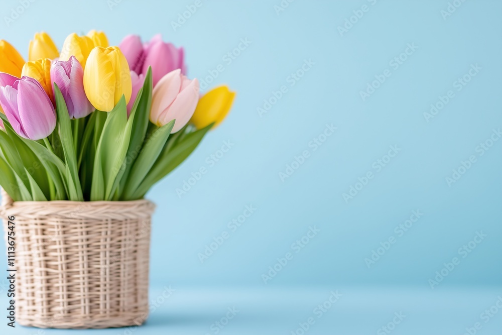 Obraz premium bouquet of tulips with green leaves in basket against a blue background, springtime charm or celebrating Valentine's Day concept, floral delicate background, copy space for text 