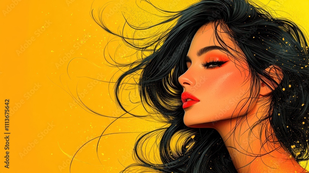 Stylish Woman Portrait with Flowing Hair on Yellow Background Stylish Woman Portrait with Flowing Hair on Yellow Background