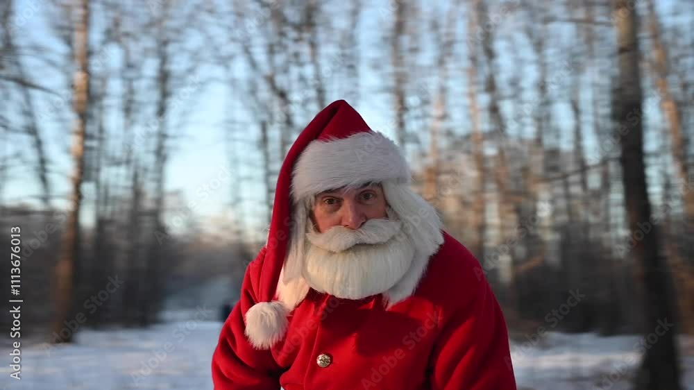Santa Claus Poses in Winter Forest. Video 360. Santa Claus Poses in Winter Forest. Video 360.