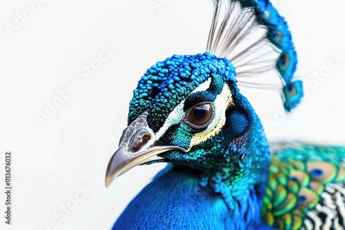 Closeup peacock isolated on white background Green peafowl photo