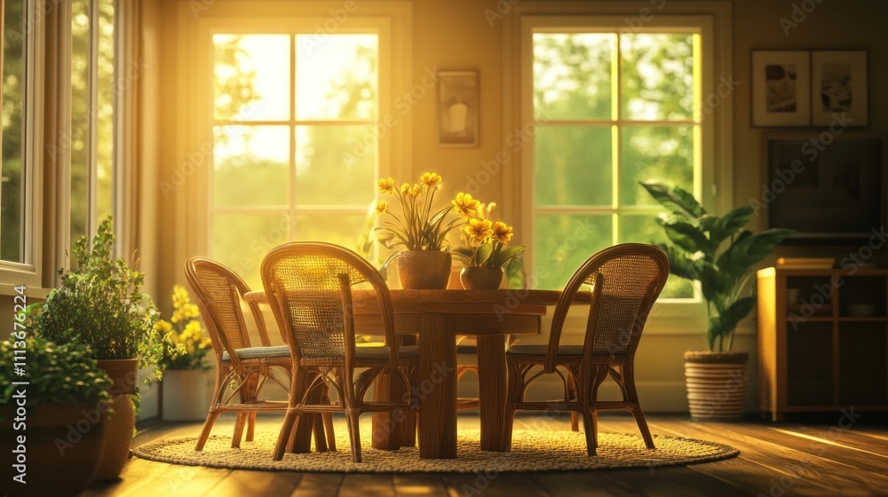 Sunlit Dining Room With Wooden Table And Chairs Sunlit Dining Room With Wooden Table And Chairs