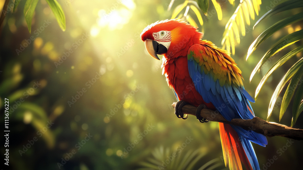 Obraz premium Beautiful Scarlet macaw parrot on a tree branch in the jungle