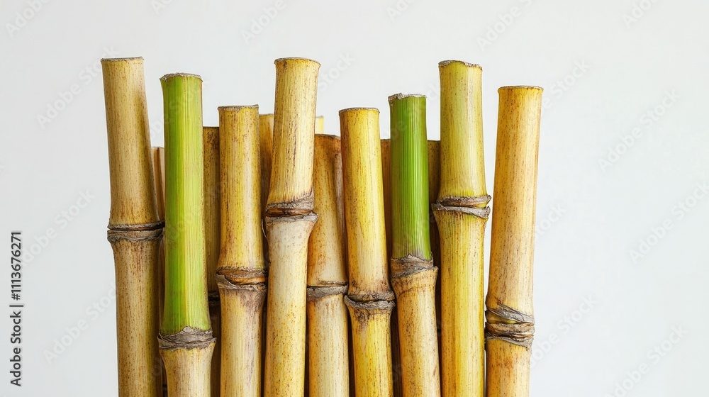 A close shot of sugarcane stems stacked neatly against a pristine white backdrop A close shot of sugarcane stems stacked neatly against a pristine white backdrop