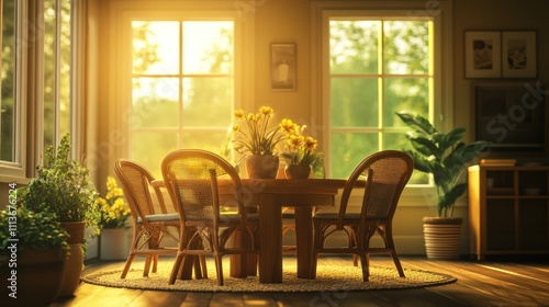 Sunlit Dining Room With Wooden Table And Chairs