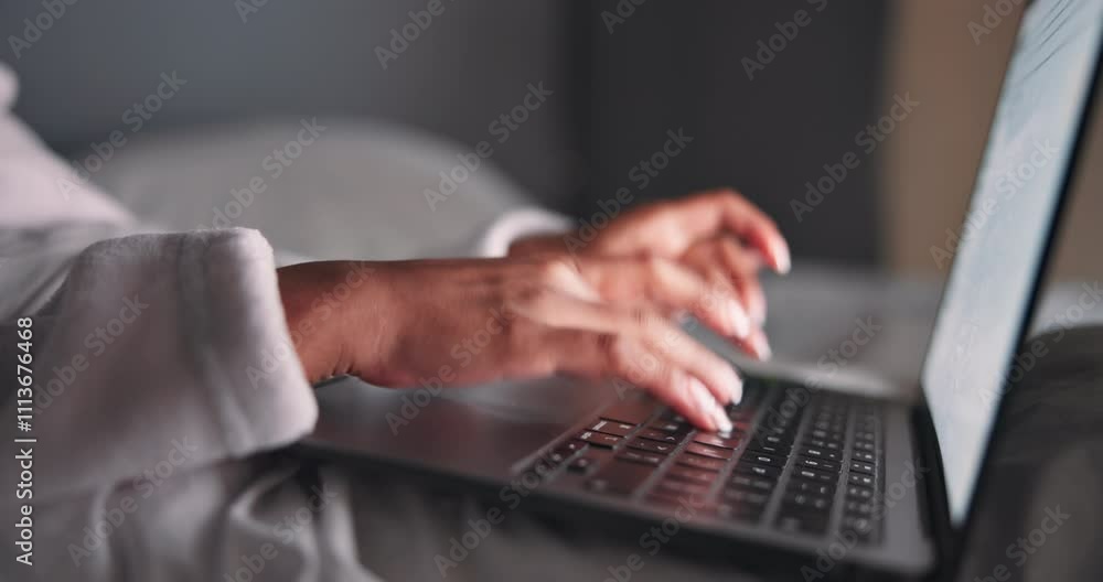 Woman, hands and typing on laptop in bed for project deadline, online article and writing a publication. Remote work, freelancer and pajamas with technology for proposal feedback and email response Woman, hands and typing on laptop in bed for project deadline, online article and writing a publication. Remote work, freelancer and pajamas with technology for proposal feedback and email response