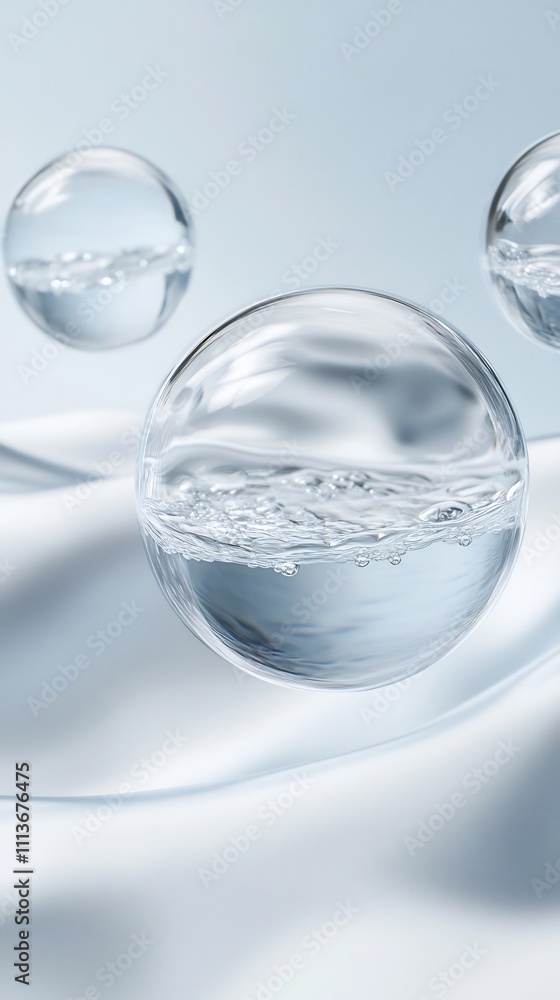Three Transparent Spheres of Water Floating on Serene Abstract Background Three Transparent Spheres of Water Floating on Serene Abstract Background