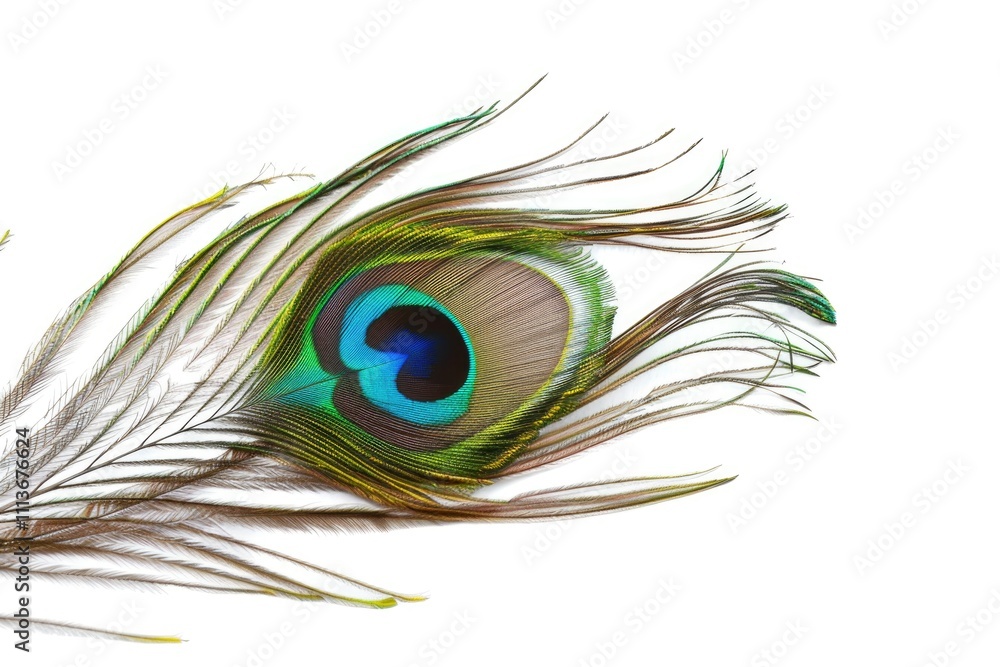 Fototapeta premium Peacock feather eye detail on white background.