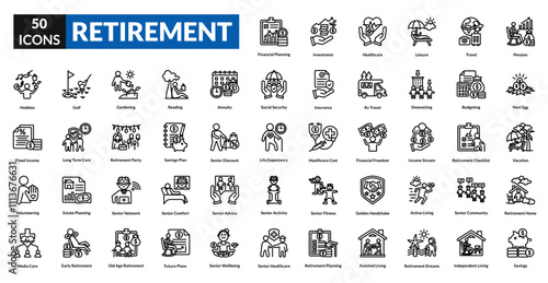 Retirement line icon collection set. Includes pension, savings, relax, senior, leisure, travel, freedom, finance, planning, investment, security, future, income, nest egg, health