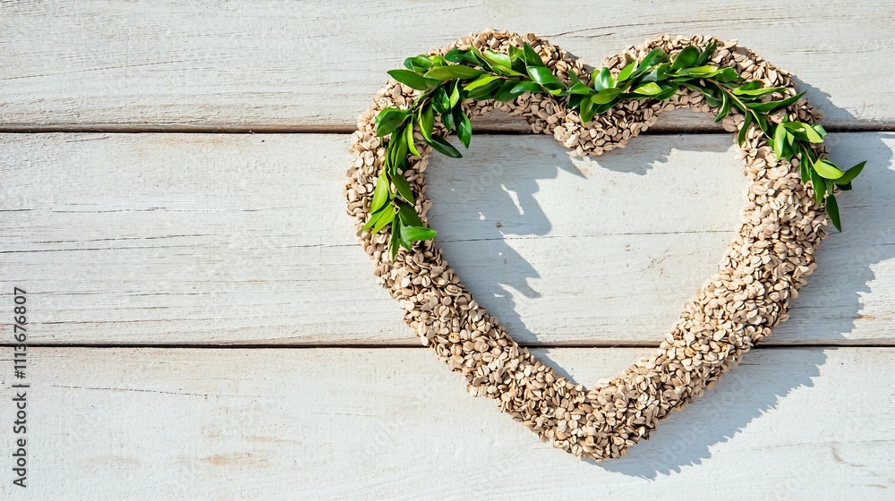 Heart Shaped Wreath Decorated with Greenery on White Wood Heart Shaped Wreath Decorated with Greenery on White Wood