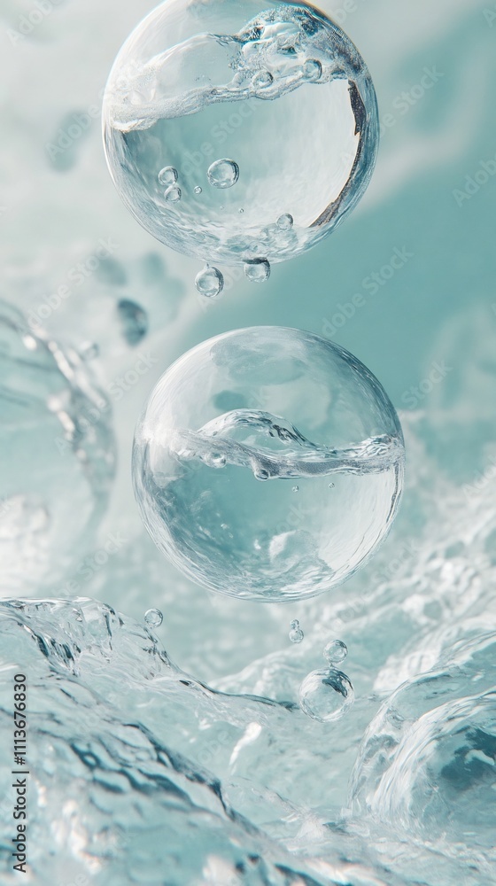 Transparent Glass Spheres Floating on Rippling Wavy Surface with Gradient Backdrop Transparent Glass Spheres Floating on Rippling Wavy Surface with Gradient Backdrop