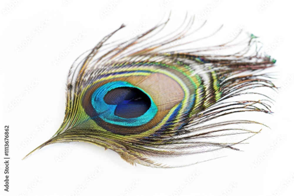 Fototapeta premium Peacock feather eye detail on white background.