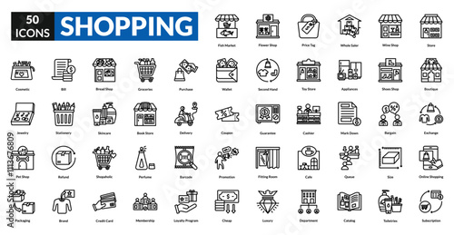 Shopping line icon collection set. Includes cart, bag, store, discount, checkout, basket, receipt, payment, sale, product, barcode, coupon, cashier, shelf, retail, store