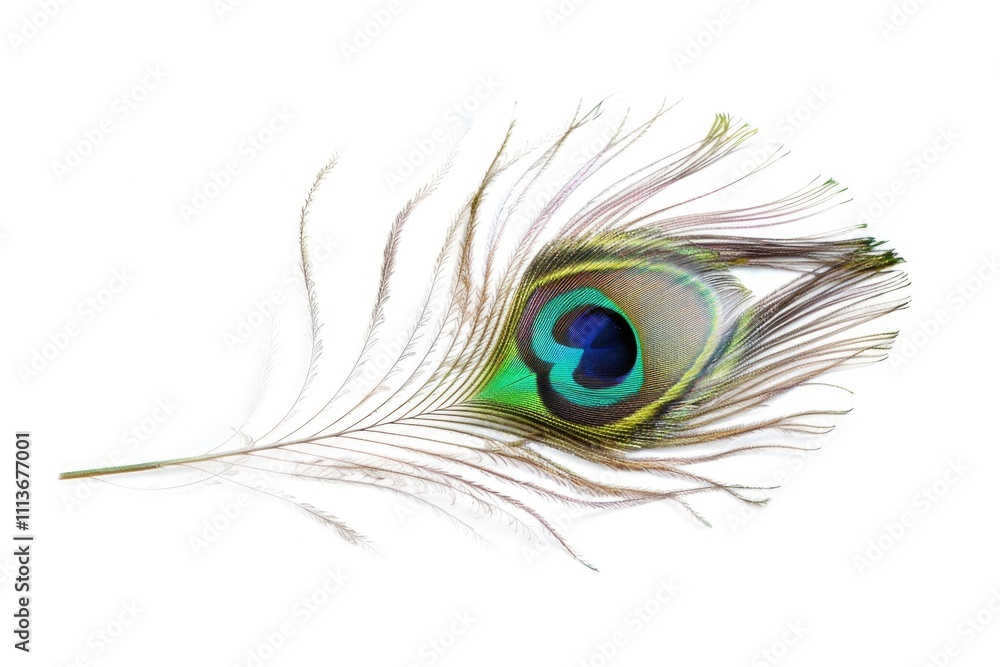 Obraz premium Peacock feather eye detail on white background.