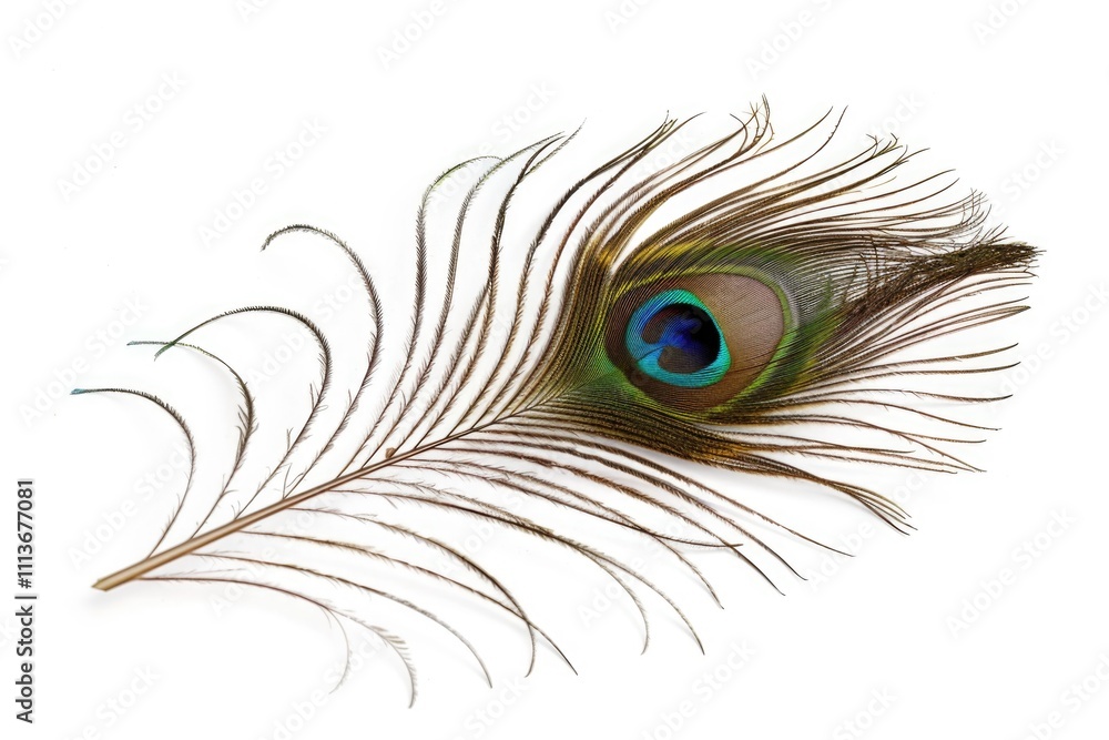 Obraz premium Peacock feather eye detail on white background.