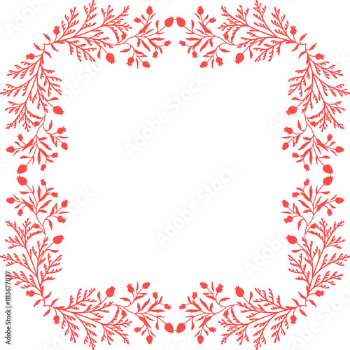 Christmas holiday frame with berries and pine branches on a white background. Elegant winter botanical pattern for invitation, greeting card, cover, packaging, banner design