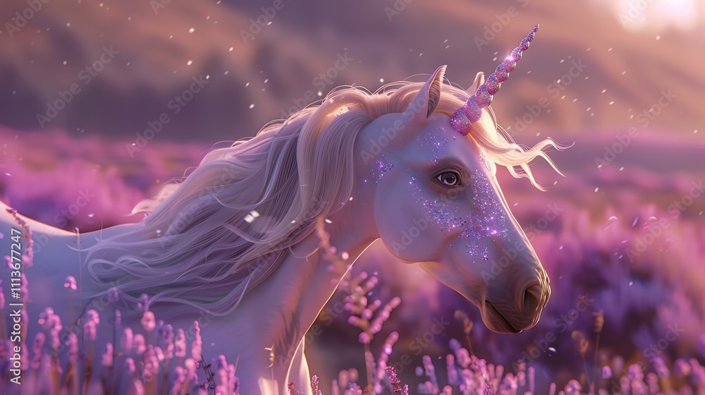 A whimsical unicorn with a shimmering mane, set against a dreamy lavender background A whimsical unicorn with a shimmering mane, set against a dreamy lavender background