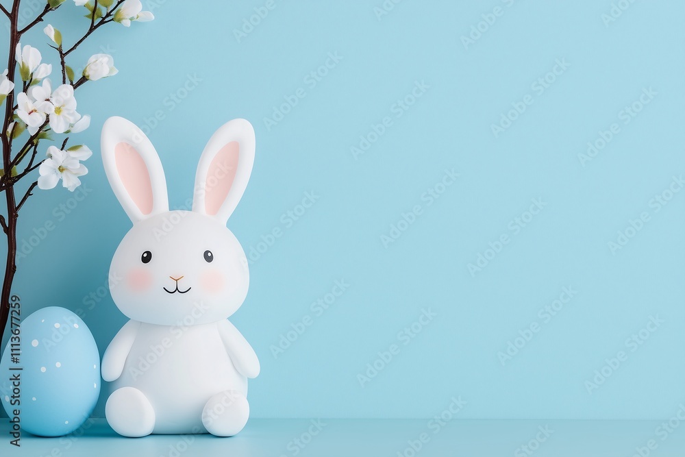 Fototapeta premium Cute fluffy hare with colourful Easter eggs, Easter traditional concept, Catholic Easter banner, free space for text