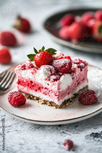 Delicious layered raspberry dessert with fresh raspberries and whipped cream on a plate