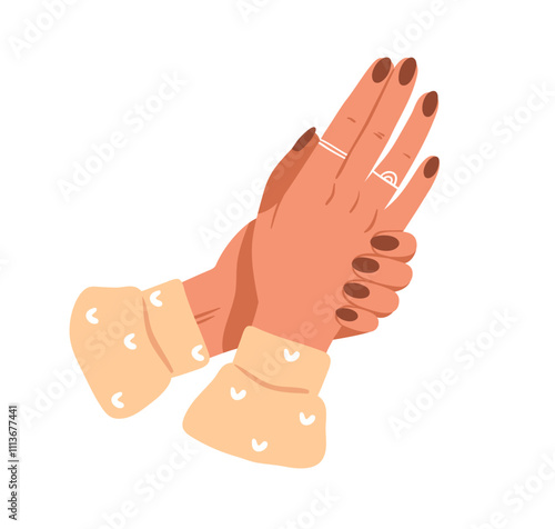 Hand with elegant manicure, polished nails. Beautiful groomed painted fingernails. Showing neat female fingers with rings, jewelry, varnish. Flat vector illustration isolated on white background