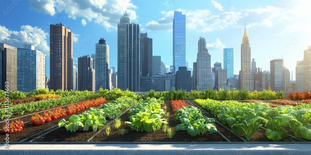 Fototapeta premium Urban Garden atop Skyscrapers with Vibrant Vegetables and Lush Greenery Surrounded by Cityscape Under Bright Blue Sky
