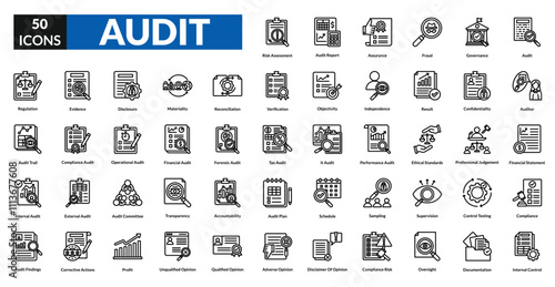 Audit line icon collection set. Includes review, inspection, compliance, checklist, assessment, verification, examination, scrutiny, oversight, evaluation, certification, analysis, monitoring