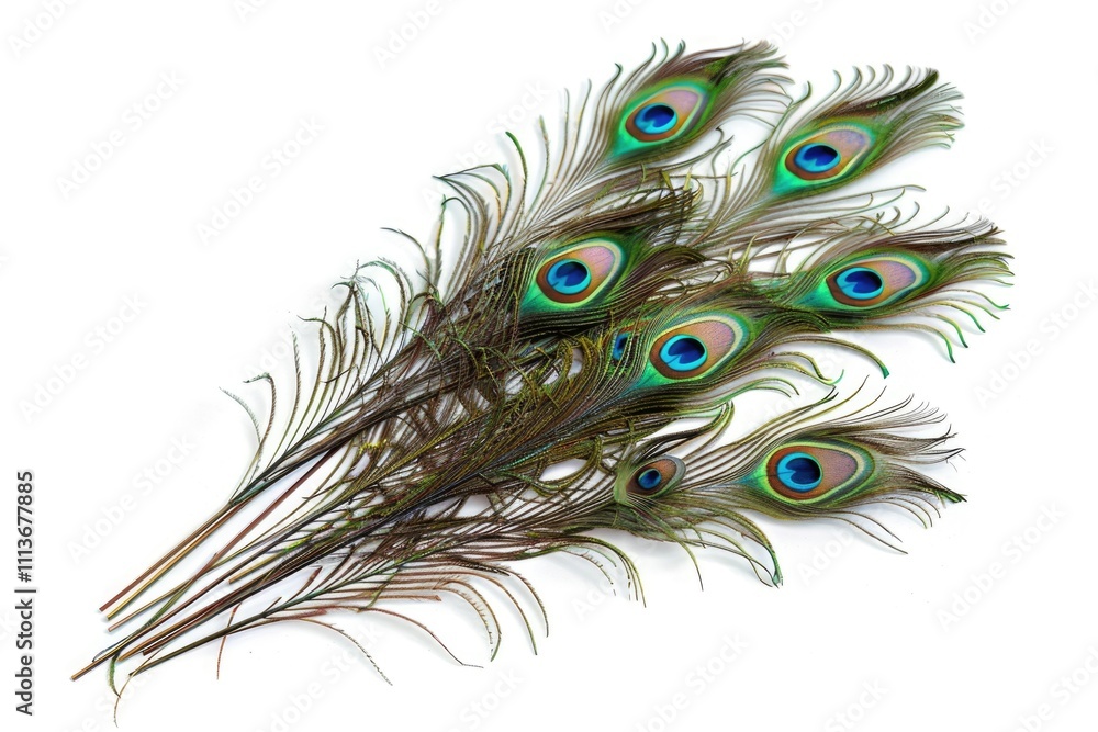 Obraz premium Group of bright peacock feathers on white background top view.