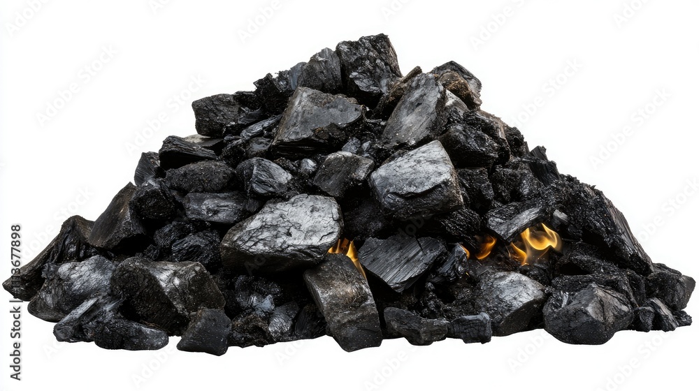Fototapeta premium A dramatic view of smoldering coals, warm embers flickering amidst the dark pile, isolated against white